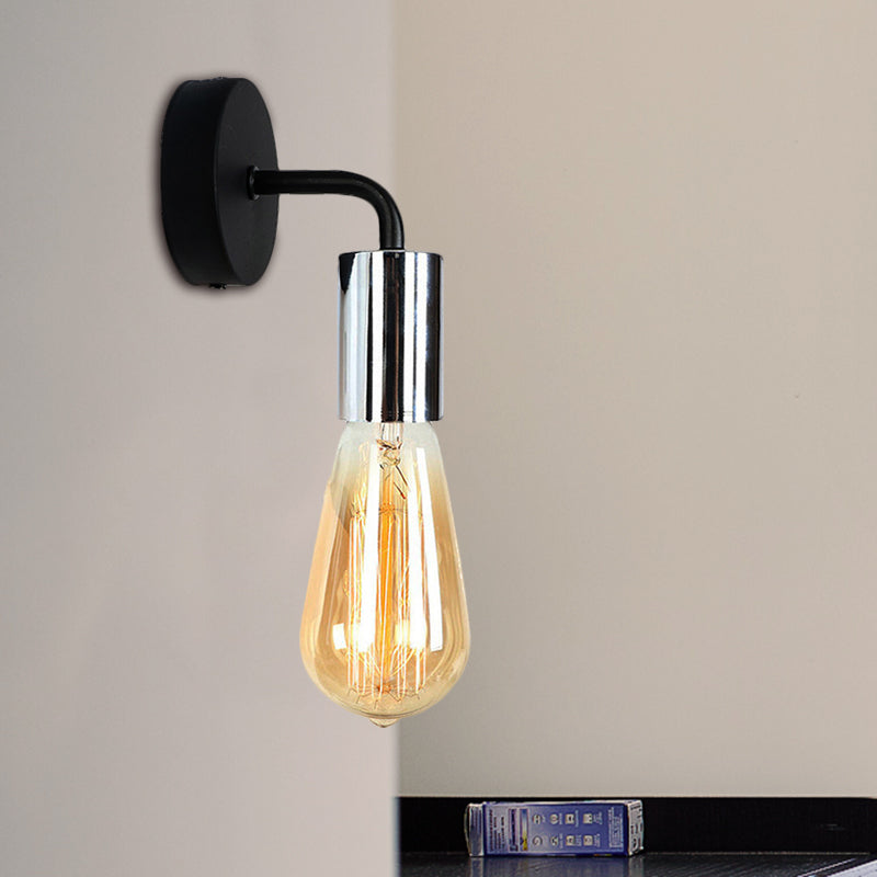 Industrial-Style Brass/Copper Open Bulb Sconce Light With Curved Arm - Metal Bedside Wall Lighting