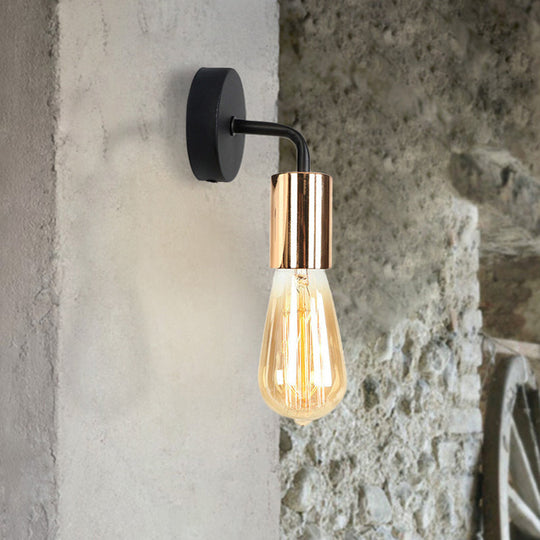 Industrial-Style Brass/Copper Open Bulb Sconce Light With Curved Arm - Metal Bedside Wall Lighting