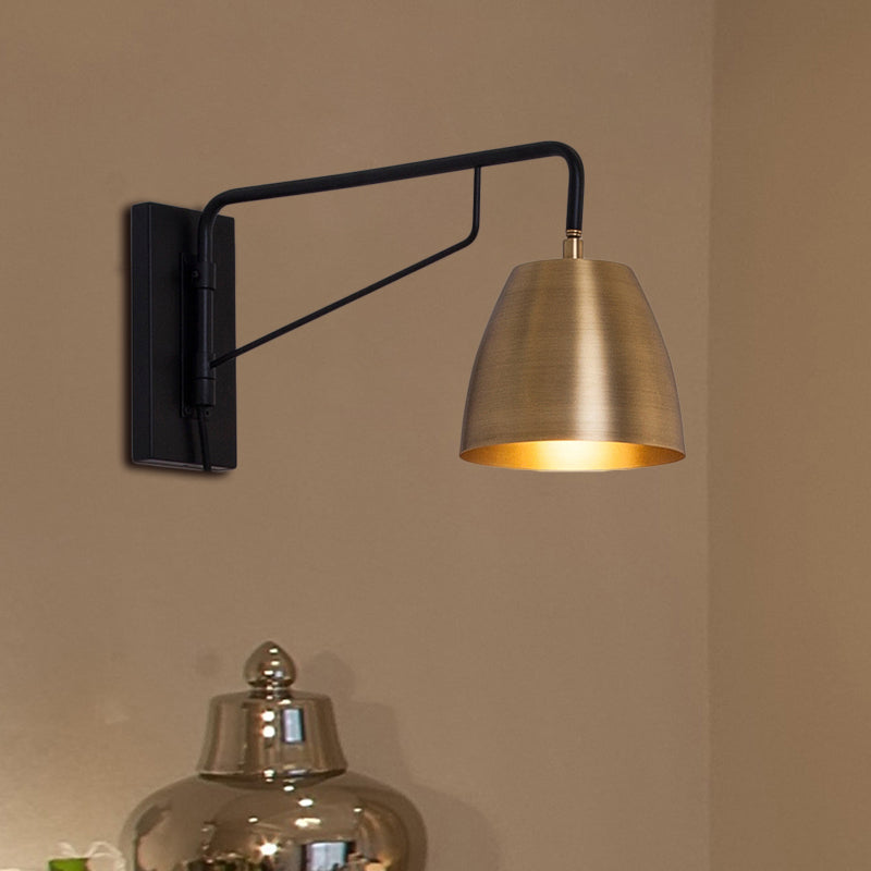 Brass Loft Style Wall Sconce With Metallic Barrel Shade - 1 Light Angle Arm Lighting For Bedroom