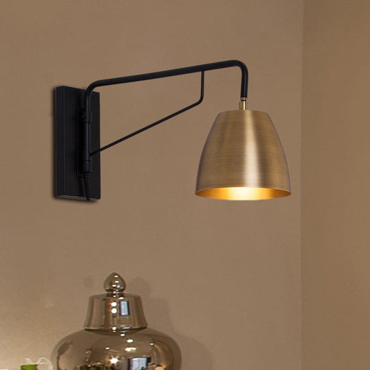 Brass Loft Style Wall Sconce With Metallic Barrel Shade - 1 Light Angle Arm Lighting For Bedroom