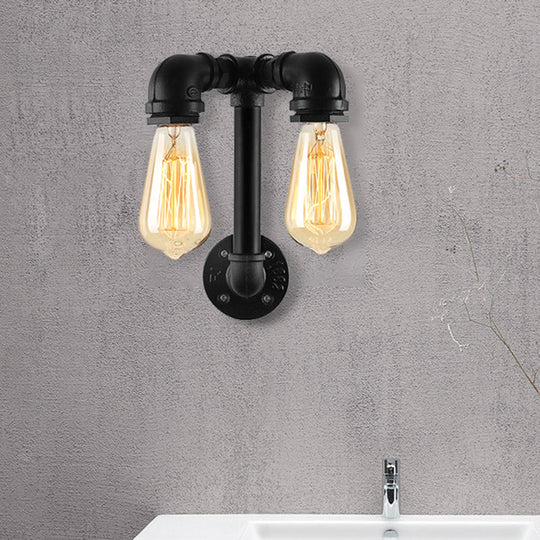 Industrial Wall Mounted Lamp With 2 Open Bulbs And Pipe Design In Bronze/Black For Bathroom