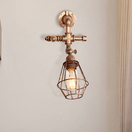 Iron Pipe Design Diamond Cage Wall Mount Light: Industrial Style Bedroom Lighting In Antique