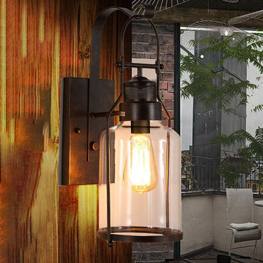 Industrial Clear Glass Wall Sconce With Cage And 1 Light