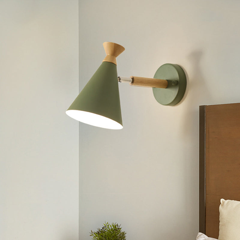 Nordic Style Metal Cone Shade Wall Light: 1-Light Rotatable Bedside Reading Lamp In Blue Green Grey