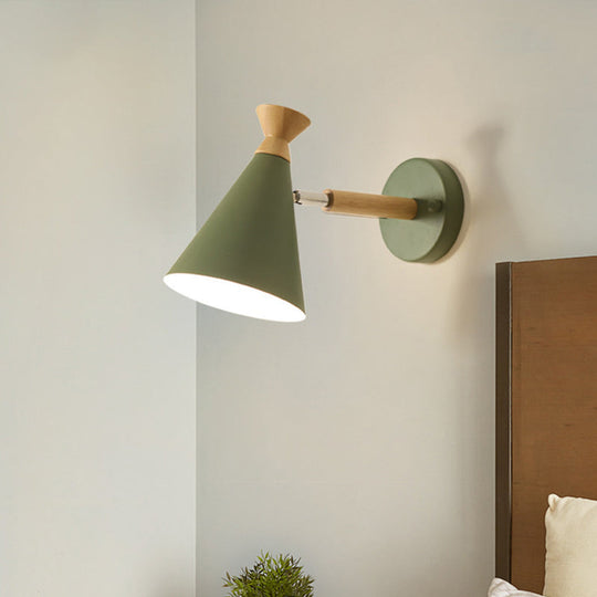 Nordic Style Metal Cone Shade Wall Light: 1-Light Rotatable Bedside Reading Lamp In Blue Green Grey