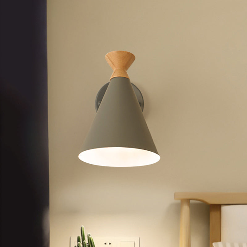 Nordic Style Metal Cone Shade Wall Light: 1-Light Rotatable Bedside Reading Lamp In Blue Green Grey