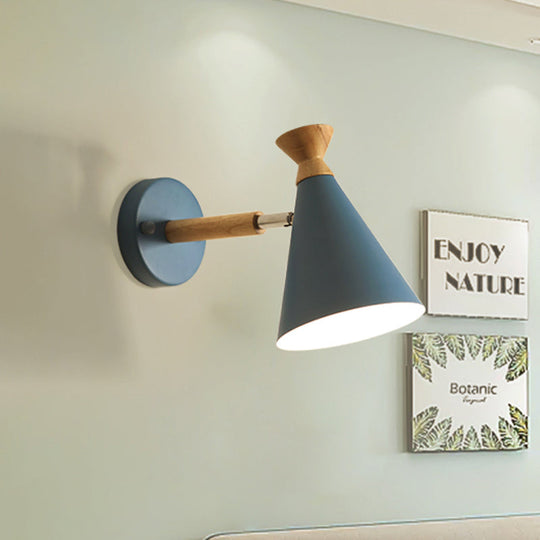 Nordic Style Metal Cone Shade Wall Light: 1-Light Rotatable Bedside Reading Lamp In Blue Green Grey