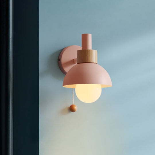 Macaron Domed Sconce With Pull Chain And Metal Shade In White/Pink/Green