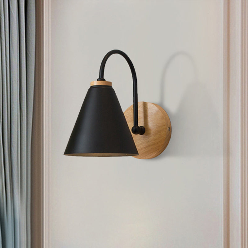 Minimalist Conical Wall Sconce With Metal Shade And Gooseneck Arm Black/White 6 Width