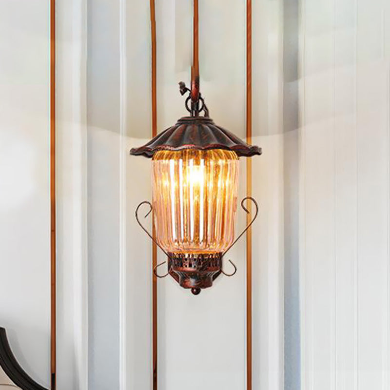 Industrial Black Lantern Wall Sconce Light With Ribbed Glass And Weathered Copper Finish - Bedroom