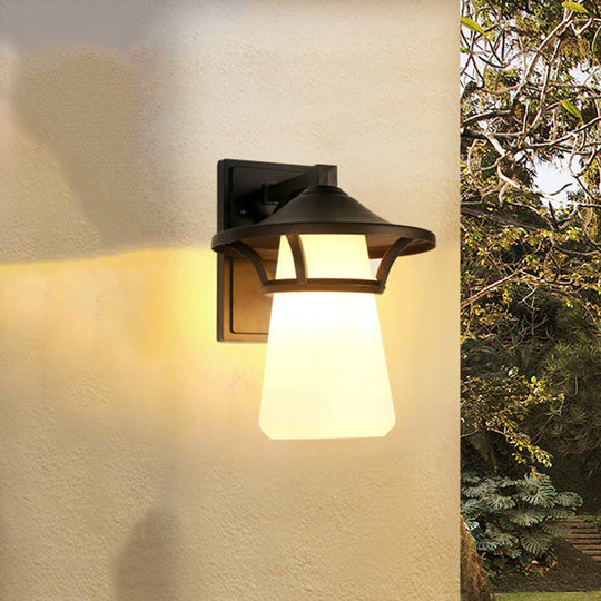 Industrial Black Wall Sconce With Cone/Flared Opal Glass Shade - Entryway Light Fixture