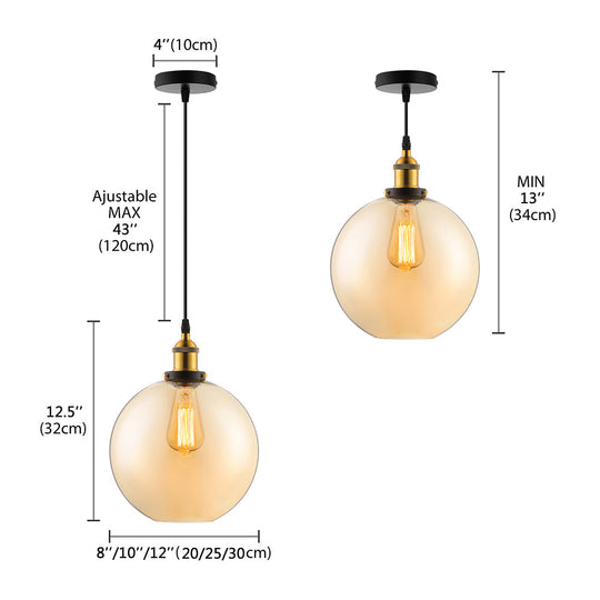 Industrial Single Light Globe Pendant - Clear Glass Hanging Lamp in Grey/Brown (8"/10"/12" Wide)