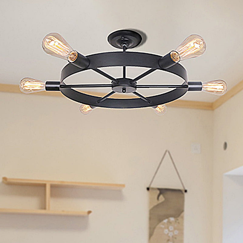 Vintage Style Rudder Restaurant Ceiling Light with 6 Bare Bulb Semi Flush Mount - Black