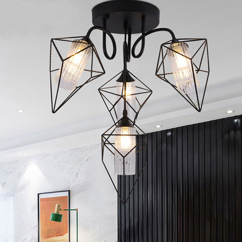 Retro Metal Cage Diamond Chandelier With Clear Glass Shade - Bedroom Ceiling Mount Pendant Light