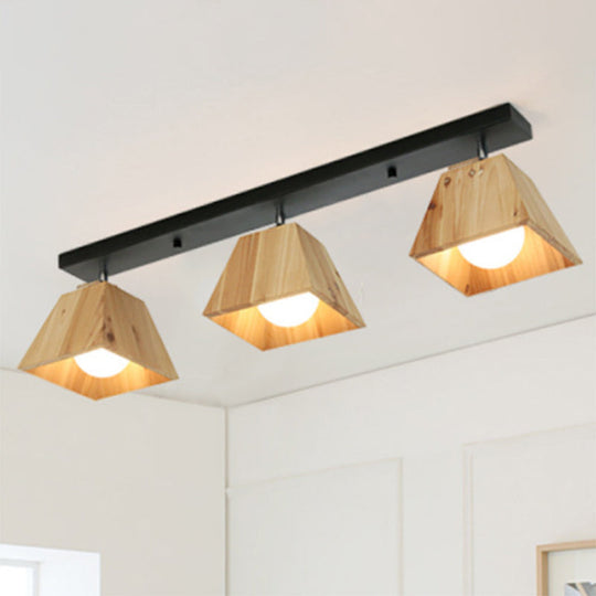 Modern Black/White Linear Semi Flushmount Lamp with Trapezoid Wooden Shade