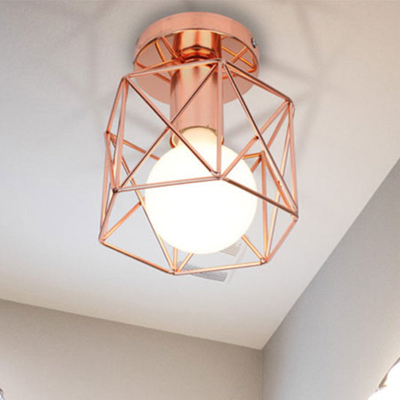 Copper Iron Loft Style Semi Flush Mount Light with Geometric Cage Shade - Bedroom Ceiling Fixture