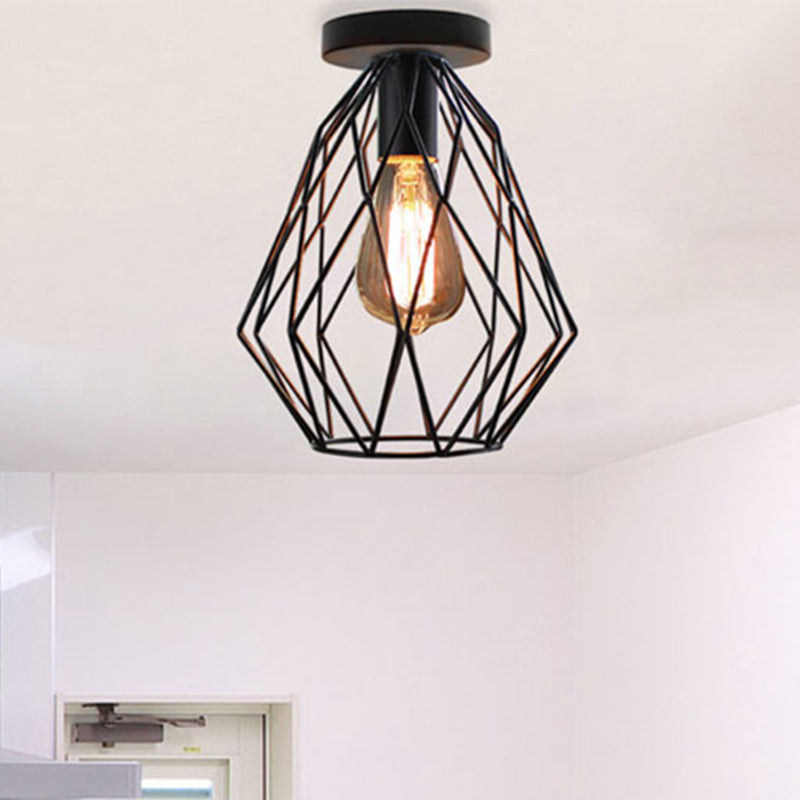 Retro Geometric Cage Ceiling Light: Stylish Iron Semi Flush Mount for Restaurants - Black Design