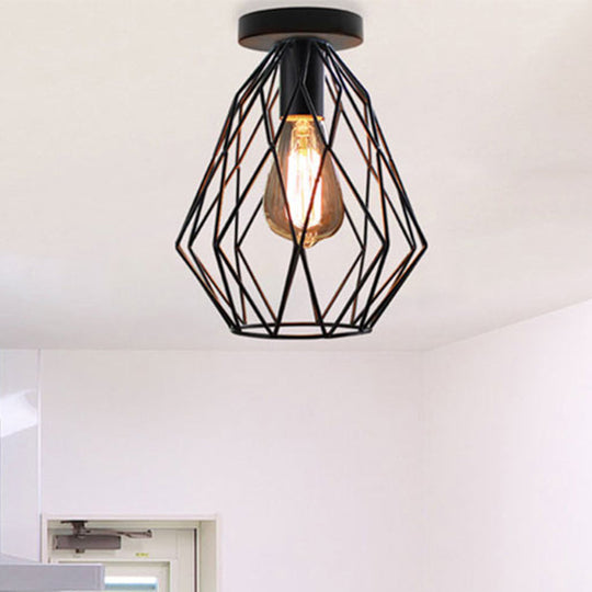 Retro Geometric Cage Ceiling Light: Stylish Iron Semi Flush Mount For Restaurants - Black Design