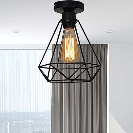 Industrial Style Single Head Iron Semi Flush Mount Ceiling Light - Black Cage Diamond Accent For