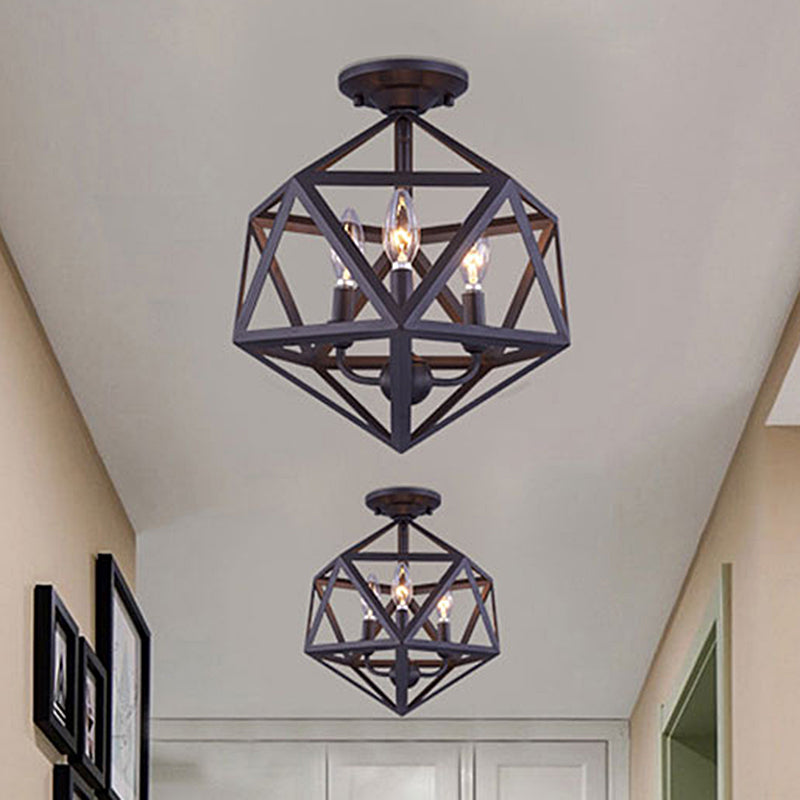 Prism Cage Metallic Semi Flush Light - Industrial Style 3 Bulb Ceiling Lamp, Bronze Finish