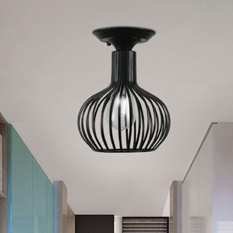 Retro Loft Globe/Pear Cage Ceiling Fixture - Metallic Semi-Flush Mount Light in Black for Hallway