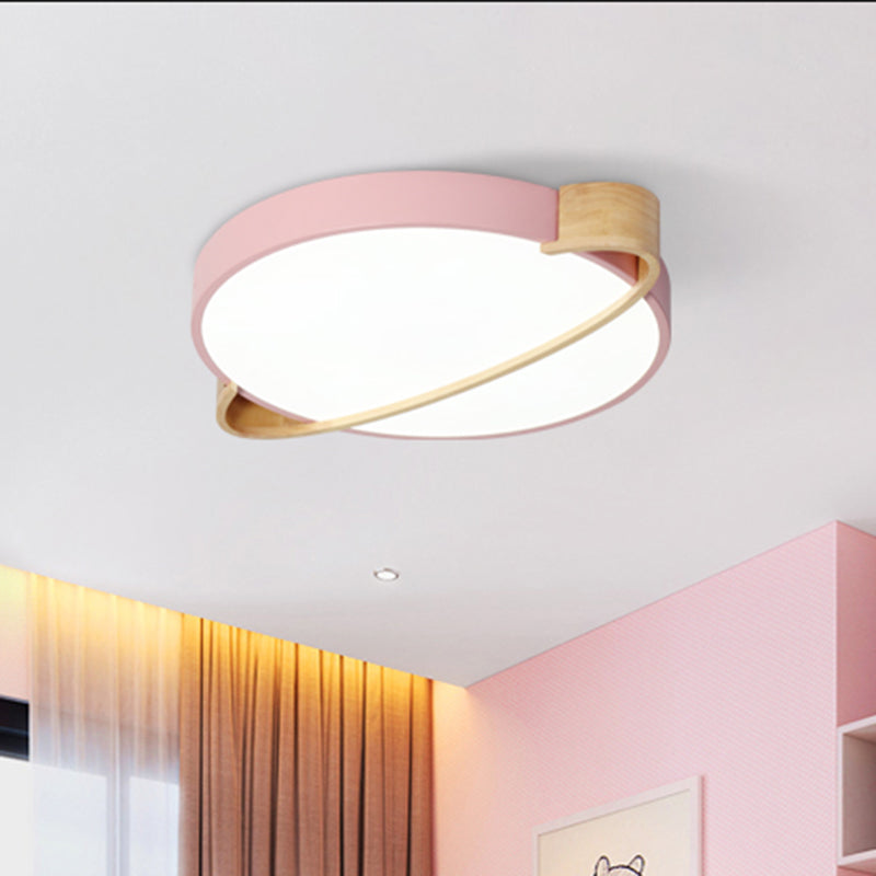 Nordic Round LED Ceiling Light Fixture, Metal Flush Mount in Pink/Yellow/Green for Bedroom, Warm/White Light