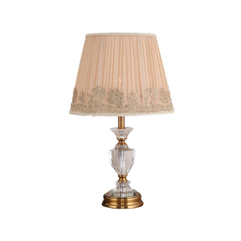 Modern Beige Flared Crystal Table Light- 1 Head Fabric Reading Lamp For Living Room