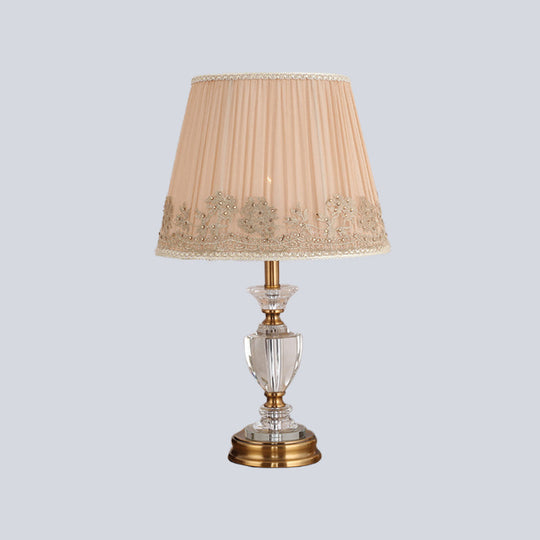 Modern Beige Flared Crystal Table Light- 1 Head Fabric Reading Lamp For Living Room