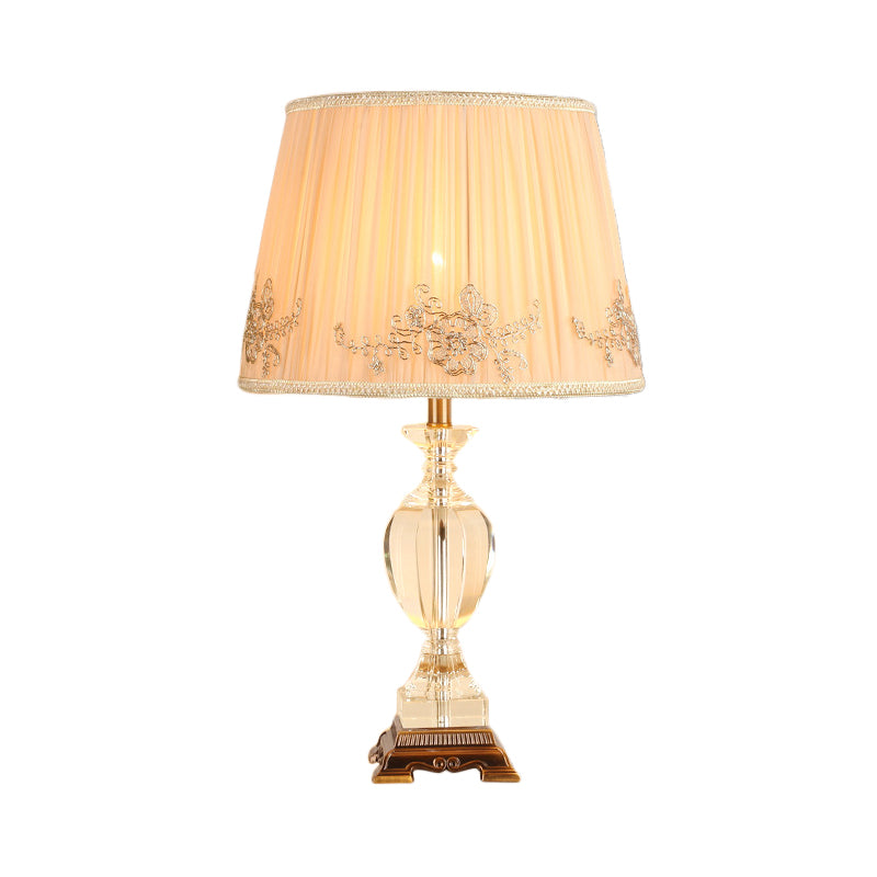 Modern Curved Fabric Desk Lamp With Hand-Cut Crystal Detail And Beige Shade