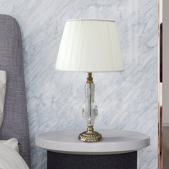 Tapered Drum Crystal Table Light With Contemporary Fabric Shade - Small White Desk Lamp