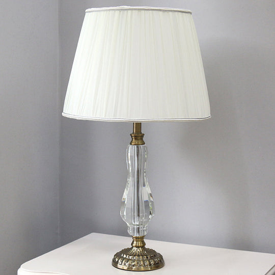 Tapered Drum Crystal Table Light With Contemporary Fabric Shade - Small White Desk Lamp