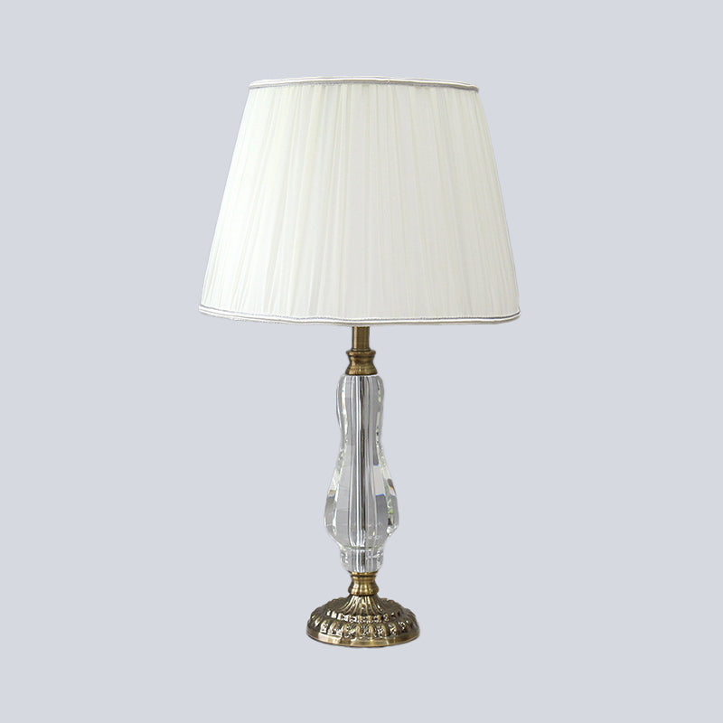 Tapered Drum Crystal Table Light With Contemporary Fabric Shade - Small White Desk Lamp