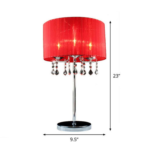 Modern Red Cylinder Desk Light With Crystal Teardrop Elegant 1-Bulb Table Lamp