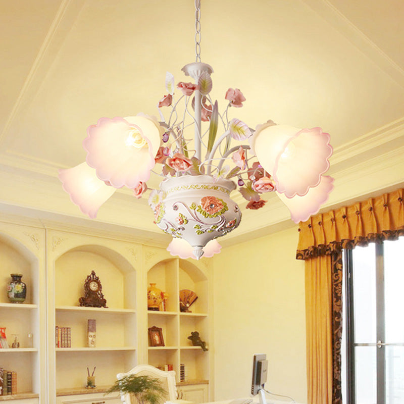 Korean Garden Style Flower Glass Chandelier With Purple And White Design 5 Led Bulbs - Ideal For