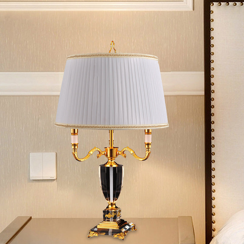 Modern White Desk Lamp With Fabric Drum Shade And Crystal Pedestal