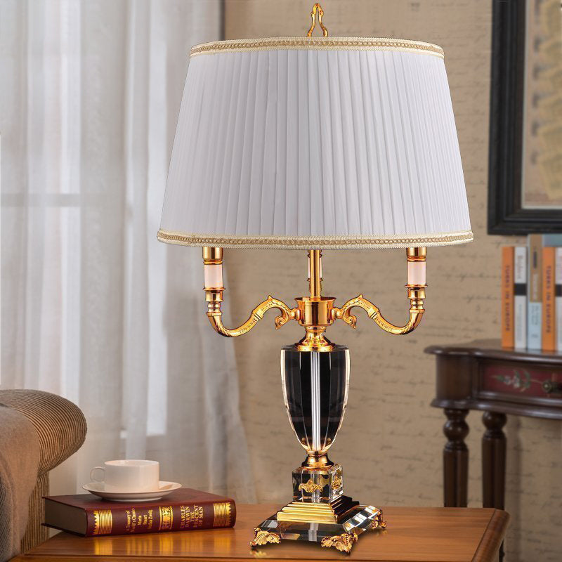 Modern White Desk Lamp With Fabric Drum Shade And Crystal Pedestal