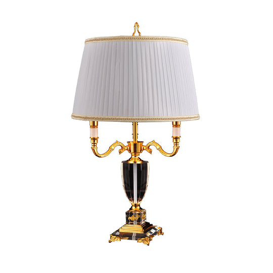 Modern White Desk Lamp With Fabric Drum Shade And Crystal Pedestal