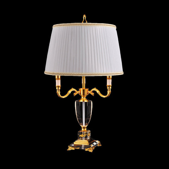 Modern White Desk Lamp With Fabric Drum Shade And Crystal Pedestal