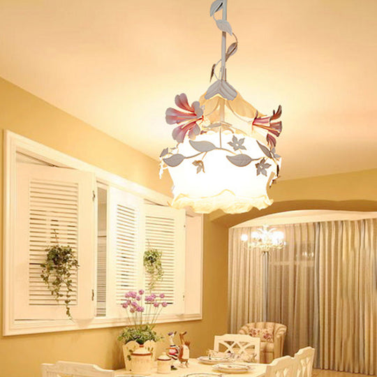 Pink Scalloped Chandelier Pendant Light - Elegant Pastoral Design With White Glass Led Ceiling Lamp