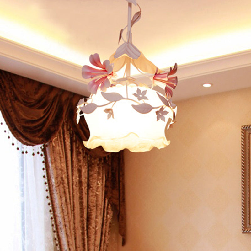 Pink Scalloped Chandelier Pendant Light - Elegant Pastoral Design With White Glass Led Ceiling Lamp