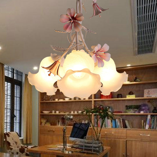 Pink Scalloped Chandelier Pendant Light - Elegant Pastoral Design With White Glass Led Ceiling Lamp