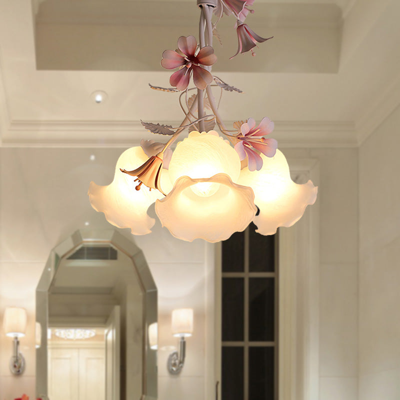 Pink Scalloped Chandelier Pendant Light - Elegant Pastoral Design With White Glass Led Ceiling Lamp