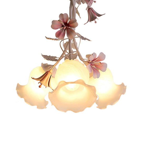 Pink Scalloped Chandelier Pendant Light - Elegant Pastoral Design With White Glass Led Ceiling Lamp