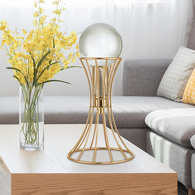 Minimalist Led Crystal Sphere Desk Lamp With Gold Hourglass Cage Metallic Base