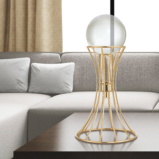 Minimalist Led Crystal Sphere Desk Lamp With Gold Hourglass Cage Metallic Base