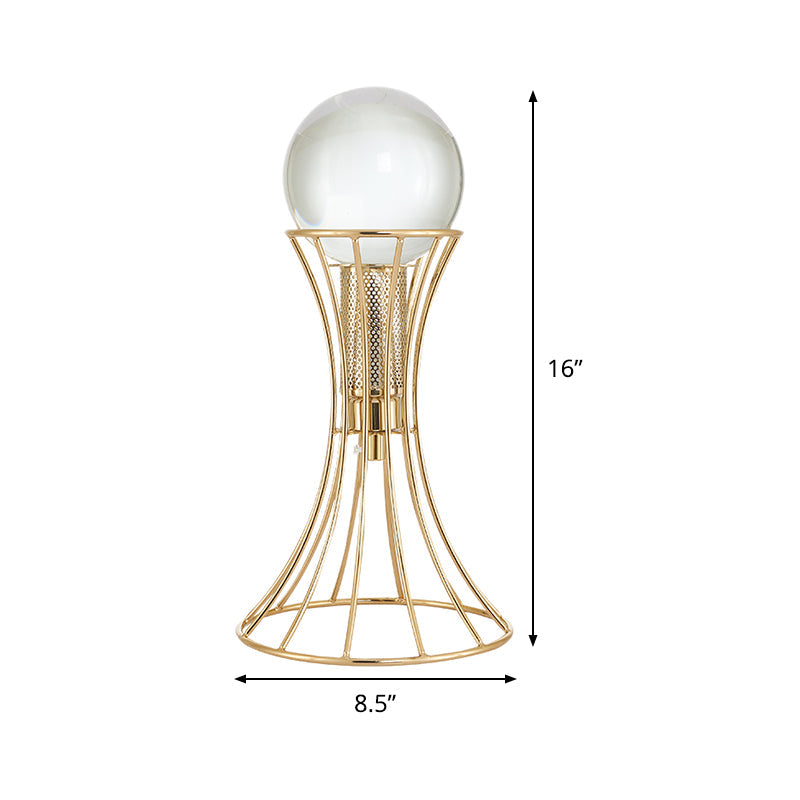 Minimalist Led Crystal Sphere Desk Lamp With Gold Hourglass Cage Metallic Base