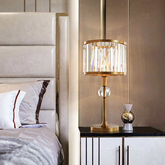 Modern Gold Nightstand Lamp With Hand-Cut Crystal Drum Shade For Living Room