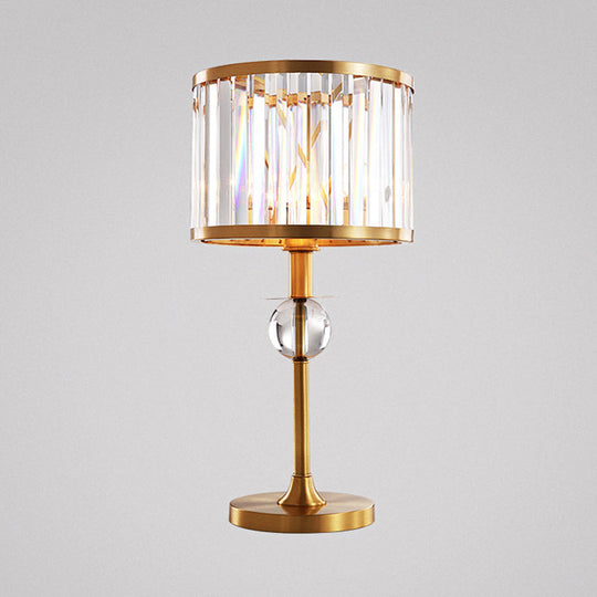 Modern Gold Nightstand Lamp With Hand-Cut Crystal Drum Shade For Living Room