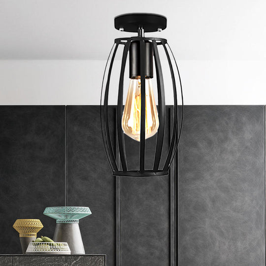 Rustic Farmhouse Semi Flush Mount Light: Barn/Oval Restaurant With Cage Shade & 1 Light Black