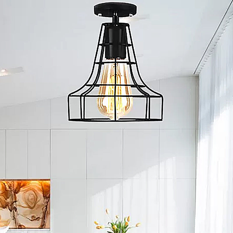 Rustic Farmhouse Semi Flush Mount Light: Barn/Oval Restaurant with Cage Shade & 1 Light Black Ceiling Fixture